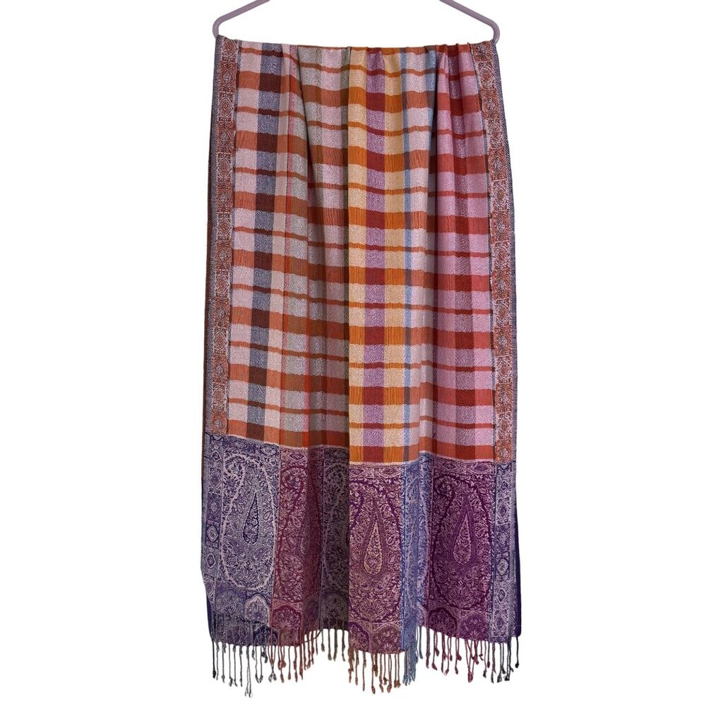 Pashmina Shawl/Scarf Womens Plaid Orange Multicolor Paisley Tassels Size 76 x 28